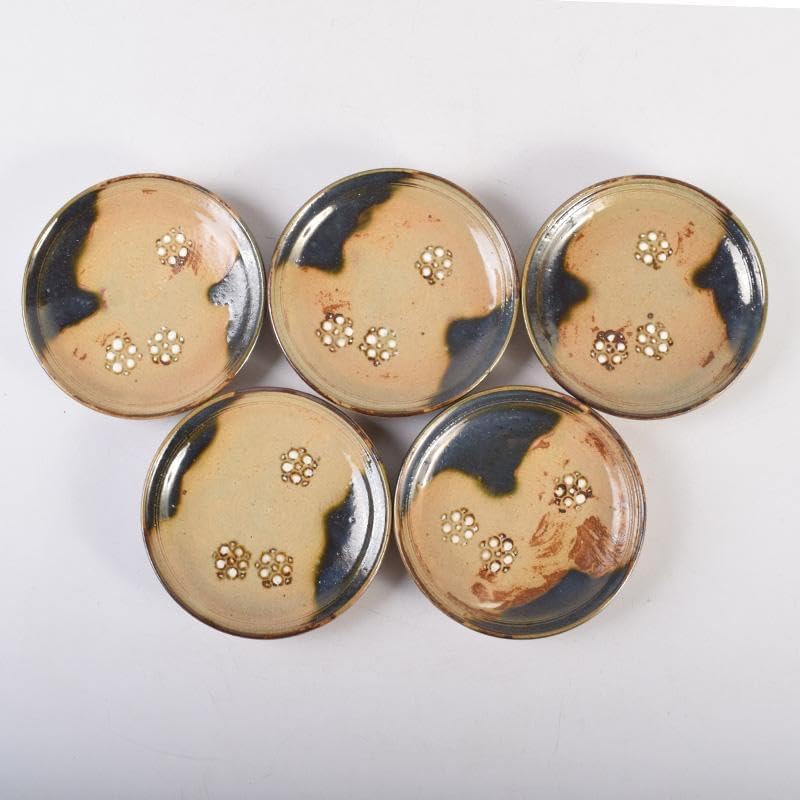 和食器 竹里庵 葵窯 加藤春二作 織部 花文 銘々皿 五客 共箱 C 8322